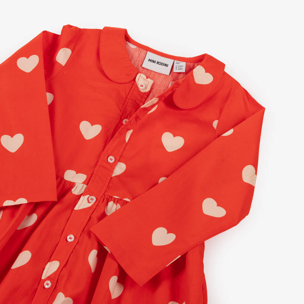 Mini Rodini-فستان بطبعة قلوب قطن عضوي لون أحمر للبنات | Childrensalon