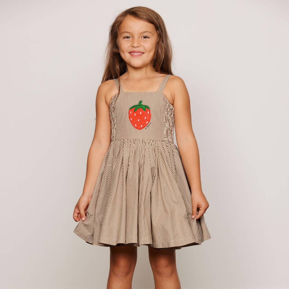 Mini Rodini-Girls Brown Striped Cotton Dress with Strawberry Motif | Childrensalon
