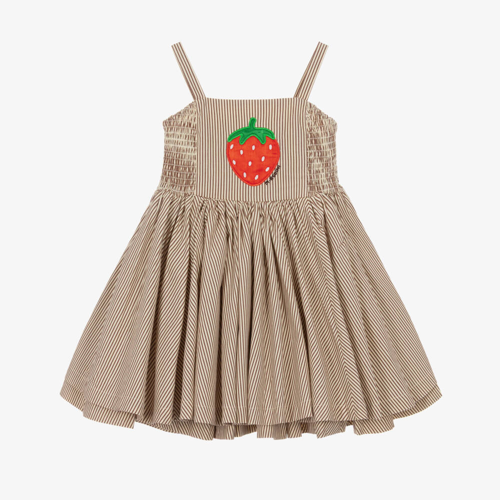 Mini Rodini-Girls Brown Striped Cotton Dress with Strawberry Motif | Childrensalon