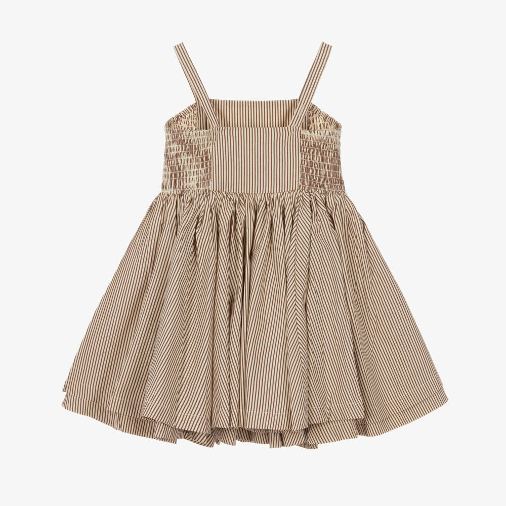 Mini Rodini-Girls Brown Striped Cotton Dress with Strawberry Motif | Childrensalon