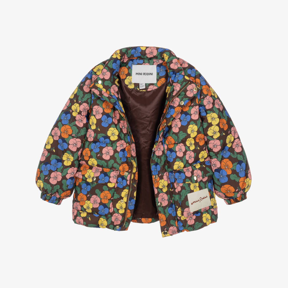 Mini Rodini-Girls Brown Viola Print Waterproof Puffer Jacket | Childrensalon