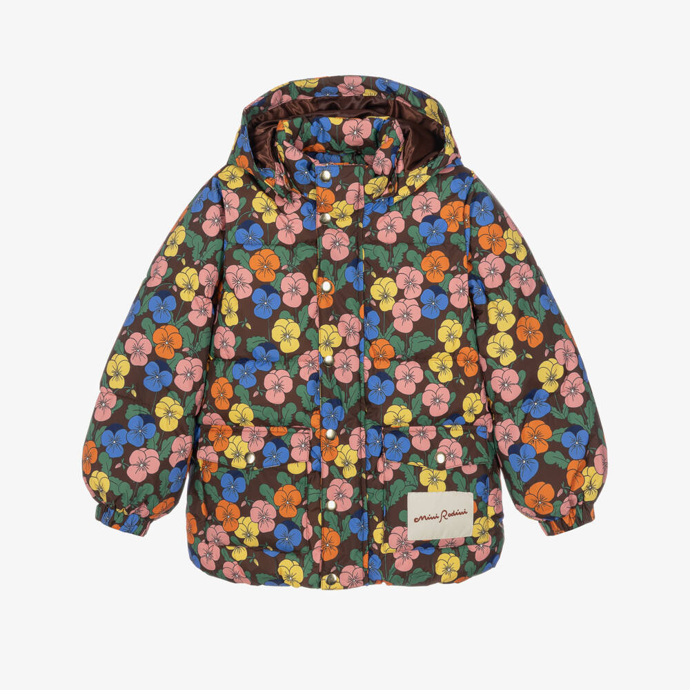 Mini Rodini-Girls Brown Viola Print Waterproof Puffer Jacket | Childrensalon