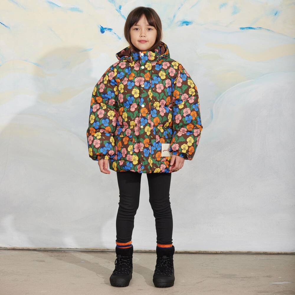 Mini Rodini-Girls Brown Viola Print Waterproof Puffer Jacket | Childrensalon