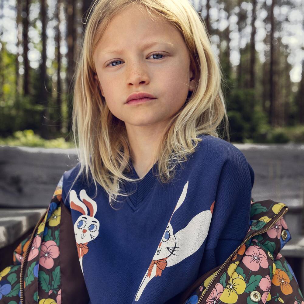 Mini Rodini-Girls Cobalt Blue Sweatshirt with Rabbit Print | Childrensalon