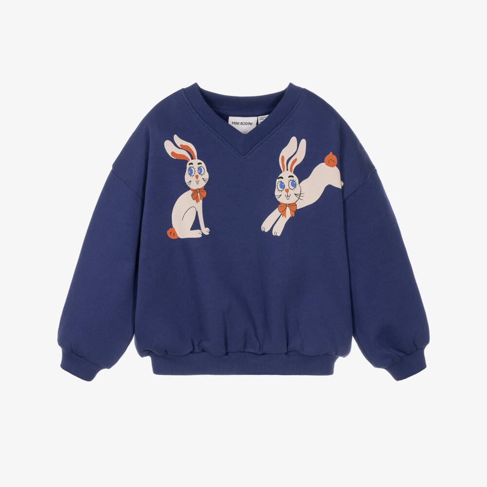 Mini Rodini-Girls Cobalt Blue Sweatshirt with Rabbit Print | Childrensalon