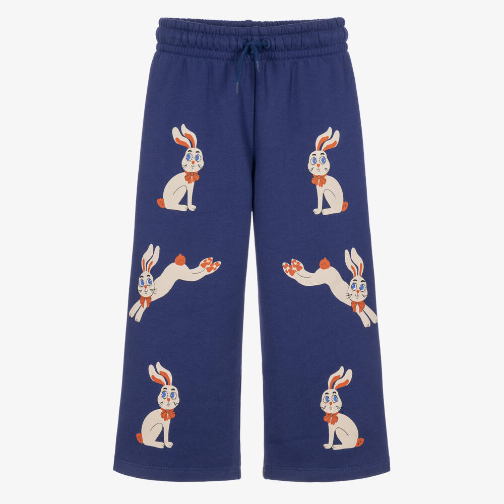 Mini Rodini-Girls Cobalt Blue Wide Leg Joggers with Rabbit Print | Childrensalon