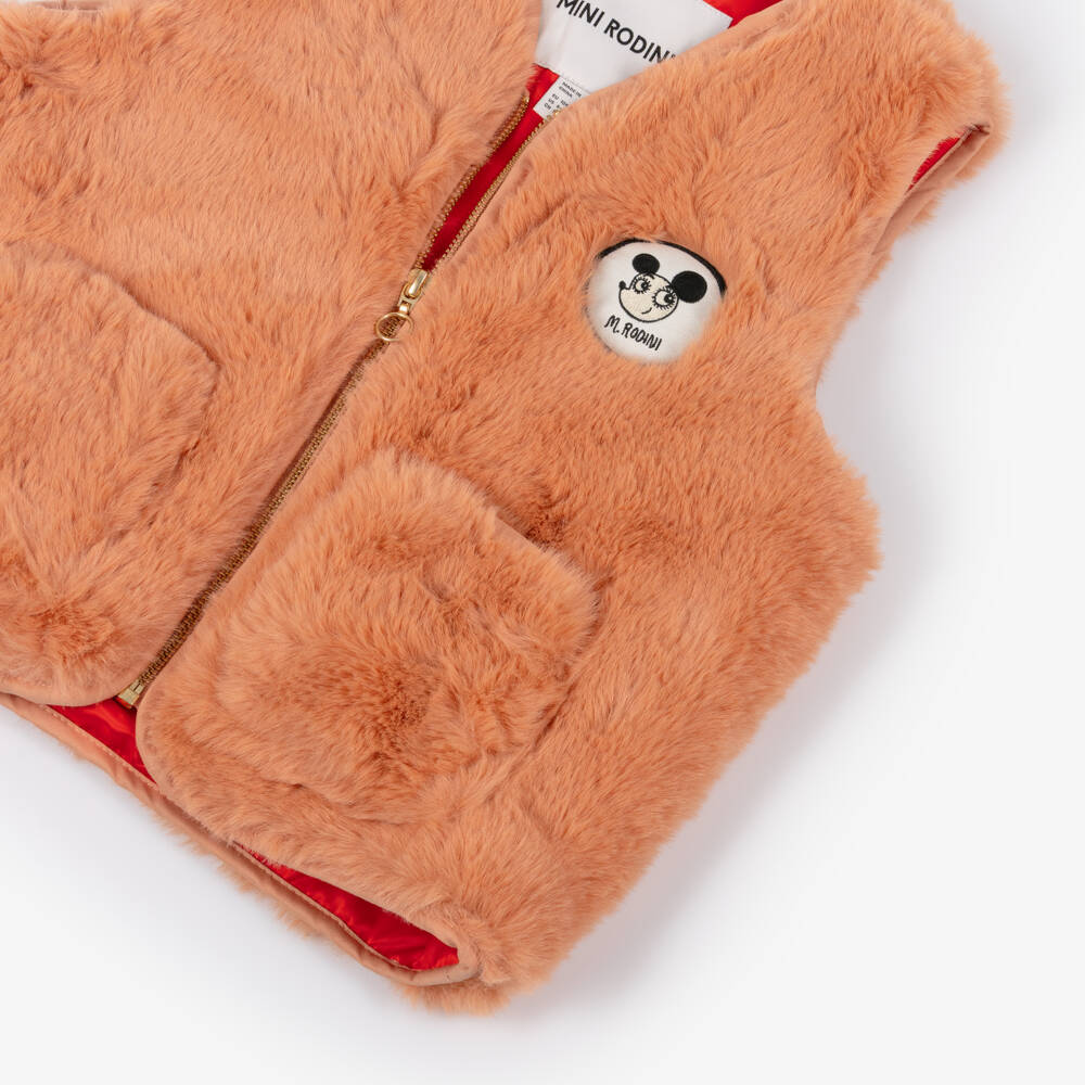 Mini Rodini-Girls Coral Pink Ritzratz Faux Fur Gilet | Childrensalon