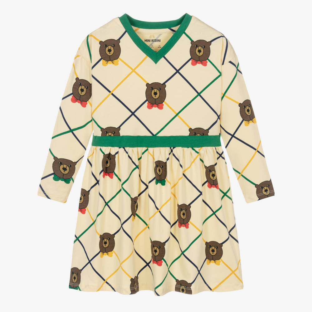 Mini Rodini-فستان بطبعة دب قطن لون عاجي داكن للبنات | Childrensalon