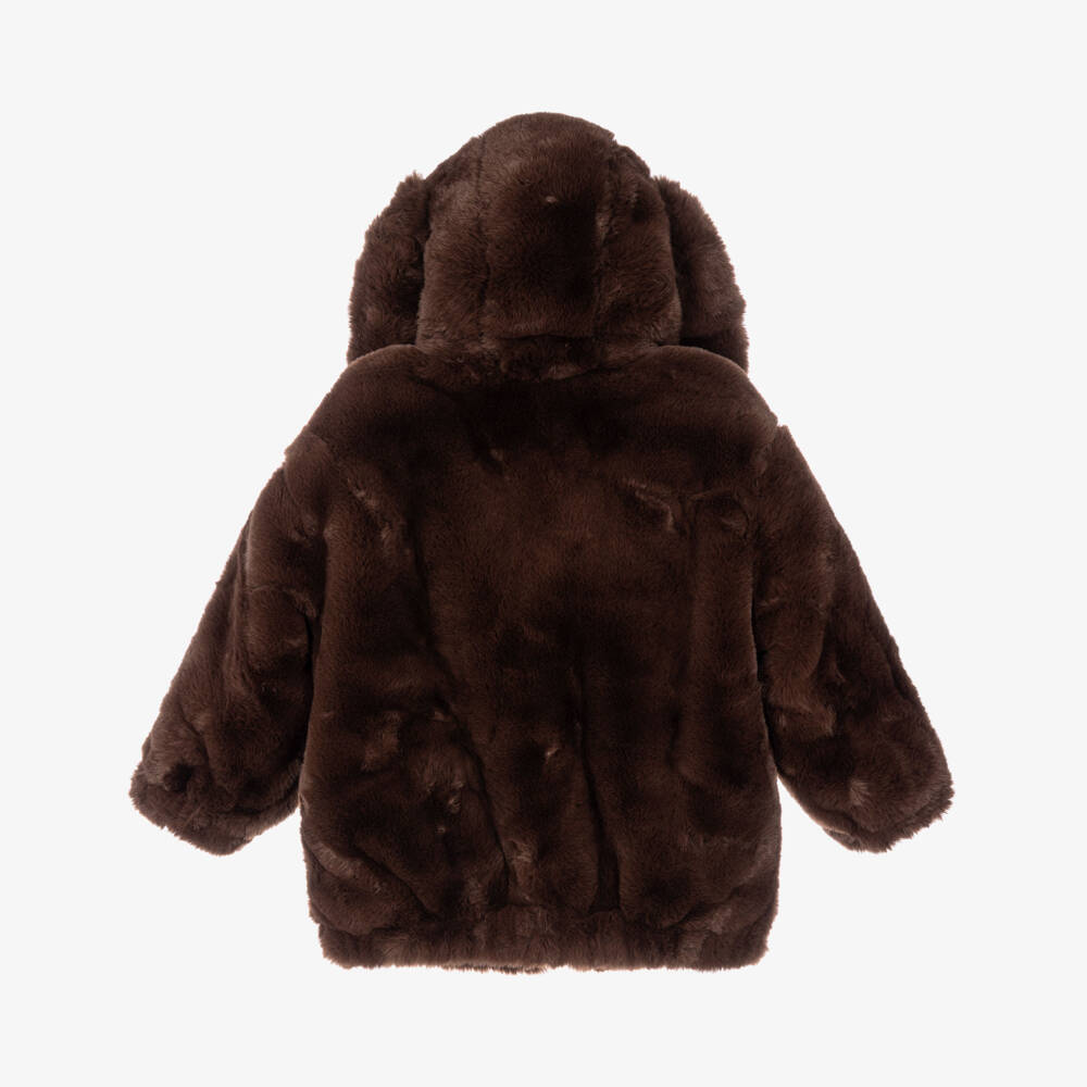 Mini Rodini-Girls Fluffy Brown Faux Fur Coat with Rabbit Ears | Childrensalon