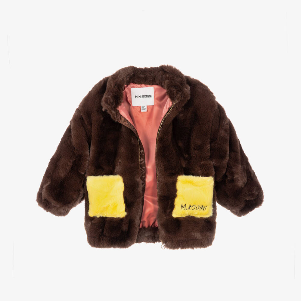 Mini Rodini-Girls Fluffy Brown Faux Fur Coat with Rabbit Ears | Childrensalon