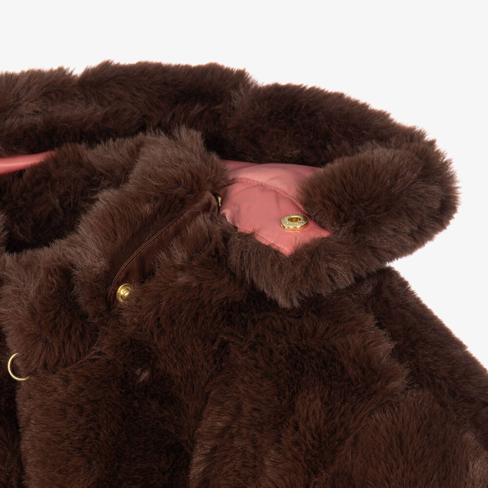 Mini Rodini-Girls Fluffy Brown Faux Fur Coat with Rabbit Ears | Childrensalon