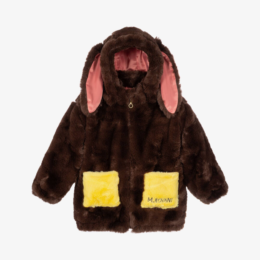 Mini Rodini-Girls Fluffy Brown Faux Fur Coat with Rabbit Ears | Childrensalon