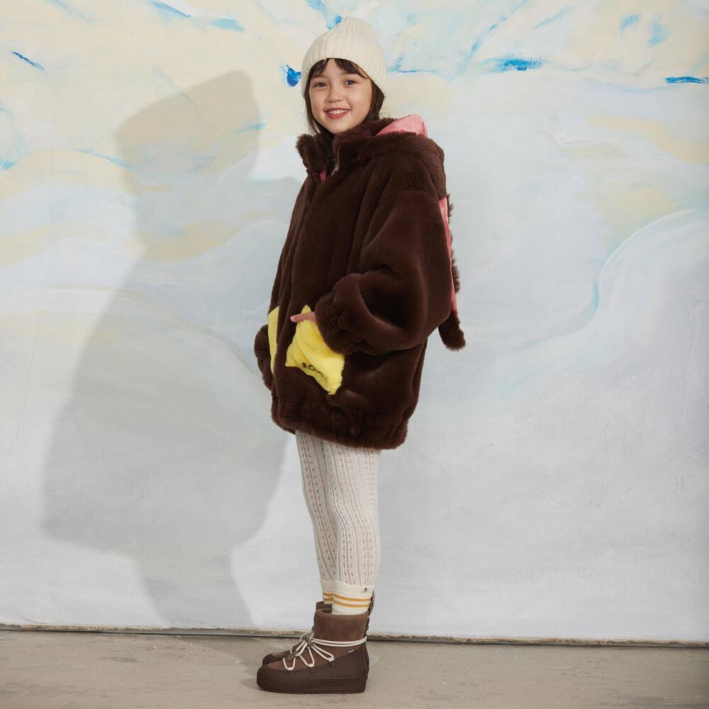 Mini Rodini-Girls Fluffy Brown Faux Fur Coat with Rabbit Ears | Childrensalon