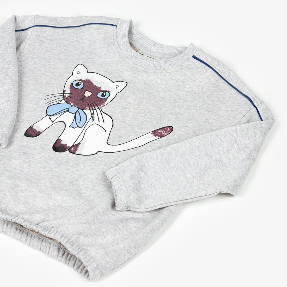 Mini Rodini-Свитшот серый меланжевый с изображением кота для девочек | Childrensalon