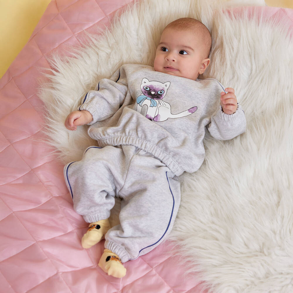 Mini Rodini-Свитшот серый меланжевый с изображением кота для девочек | Childrensalon