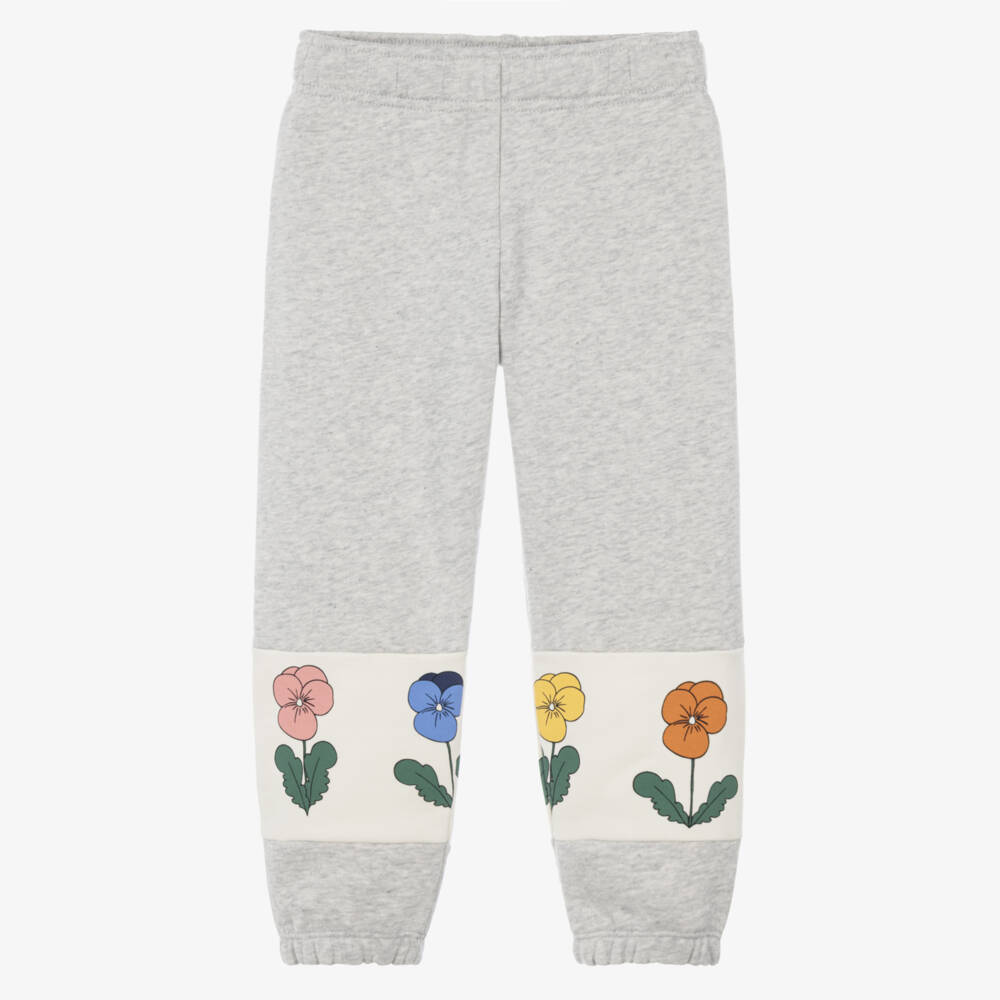 Mini Rodini-Girls Grey Organic Cotton Joggers with Flower Panels | Childrensalon