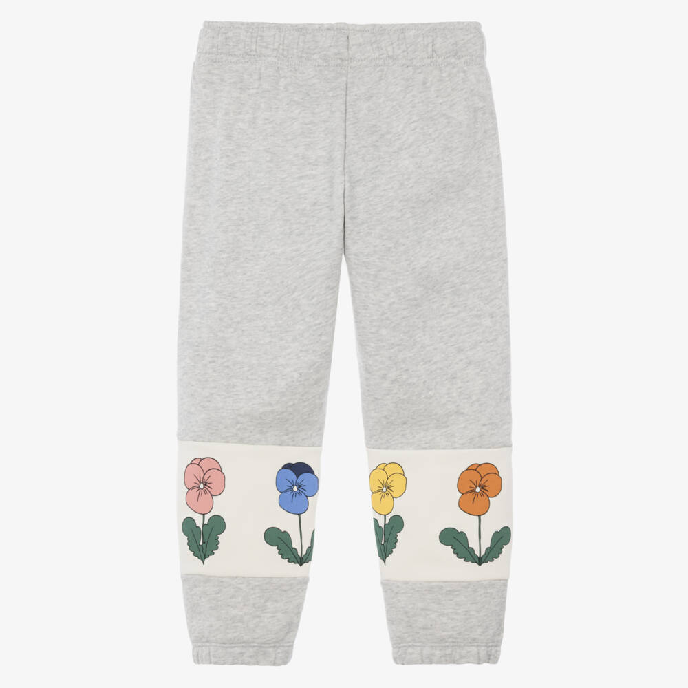 Mini Rodini-Girls Grey Organic Cotton Joggers with Flower Panels | Childrensalon