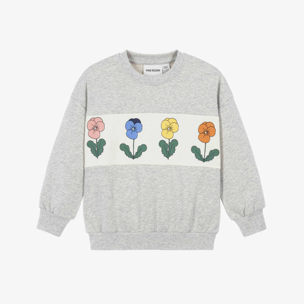 Mini Rodini-Girls Grey Organic Cotton Sweatshirt with Flower Panel | Childrensalon