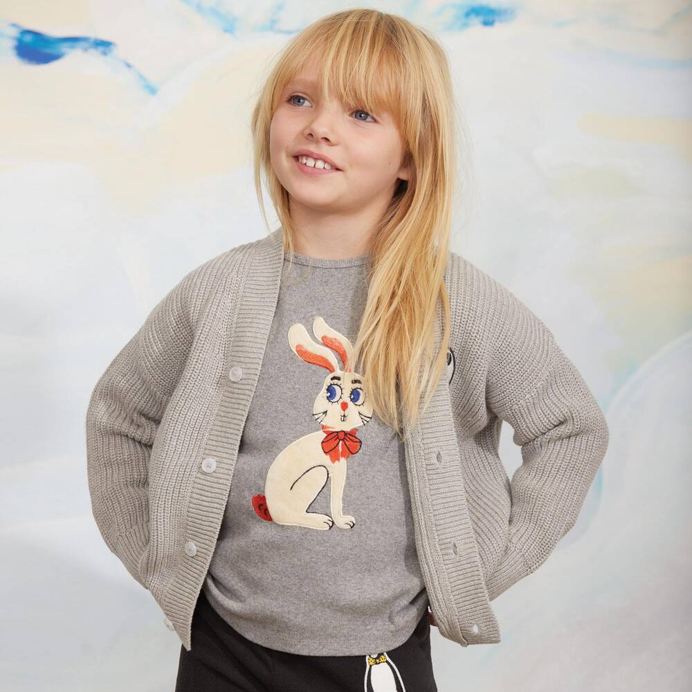 Mini Rodini-Girls Grey Ribbed Organic Cotton Top with Rabbit Motif | Childrensalon