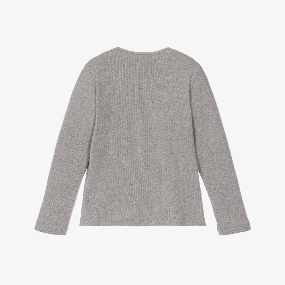 Mini Rodini-Girls Grey Ribbed Organic Cotton Top with Rabbit Motif | Childrensalon