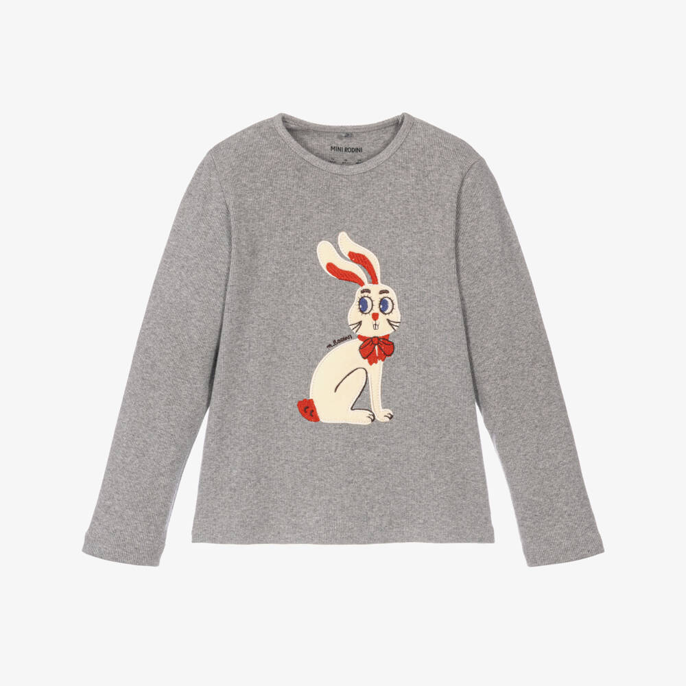 Mini Rodini-Girls Grey Ribbed Organic Cotton Top with Rabbit Motif | Childrensalon