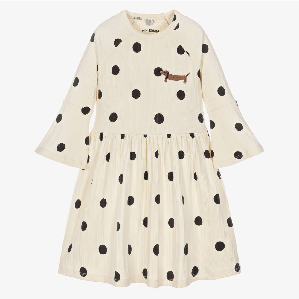 Mini Rodini-Girls Ivory & Black Polka Dot Cotton Jersey Dress  | Childrensalon