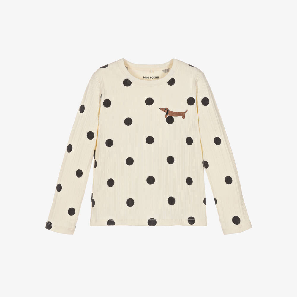 Mini Rodini-Girls Ivory & Black Polka Dot Cotton Jersey Top | Childrensalon