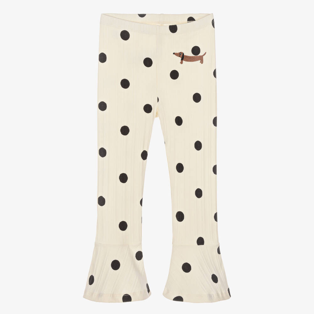 Mini Rodini-Girls Ivory & Black Polka Dot Flared Trousers | Childrensalon