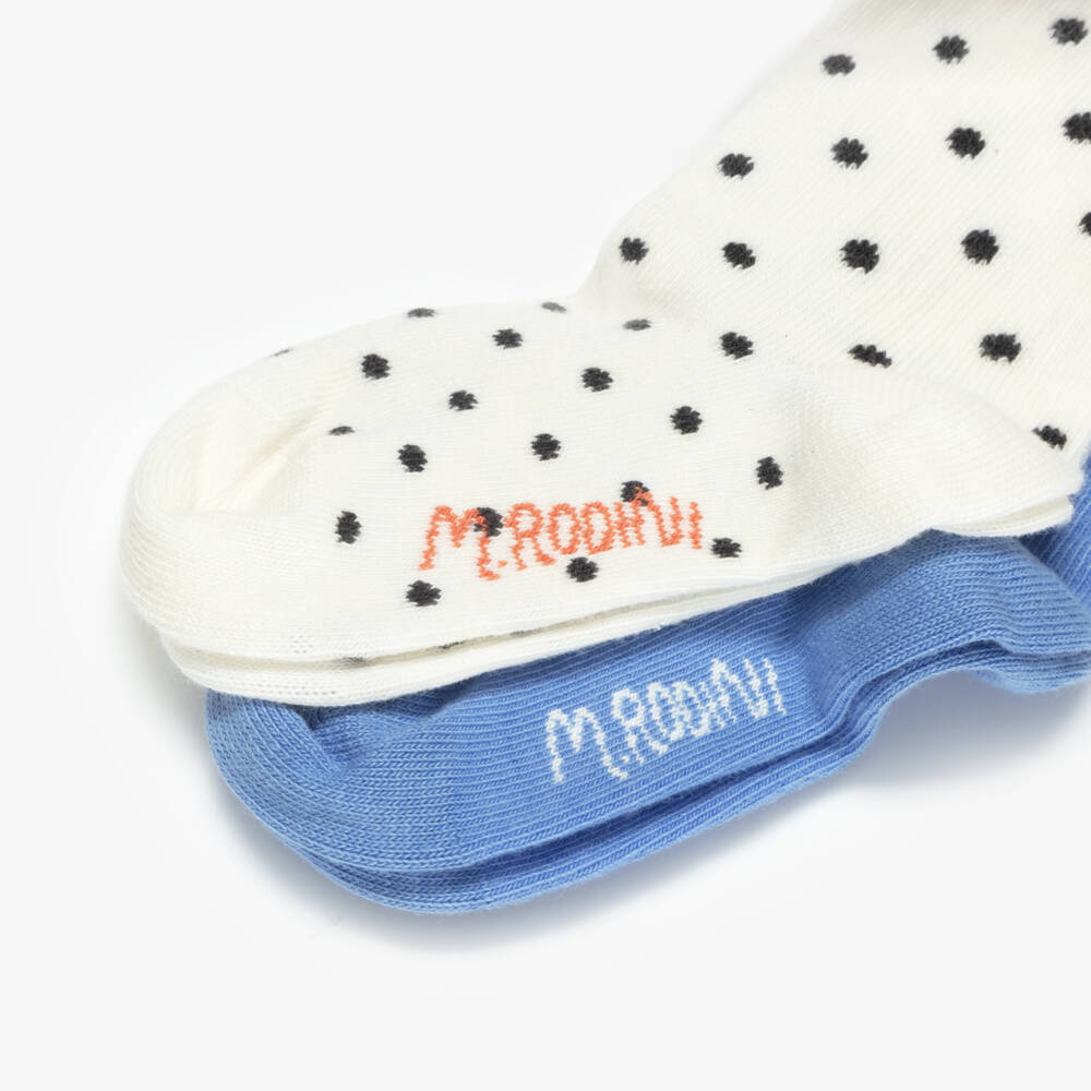 Mini Rodini-Girls Ivory & Blue Flower Socks (2 Pack) | Childrensalon