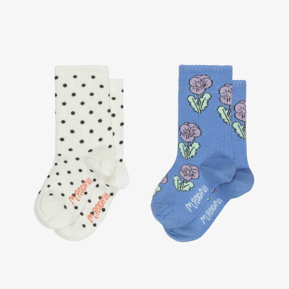 Mini Rodini-Girls Ivory & Blue Flower Socks (2 Pack) | Childrensalon