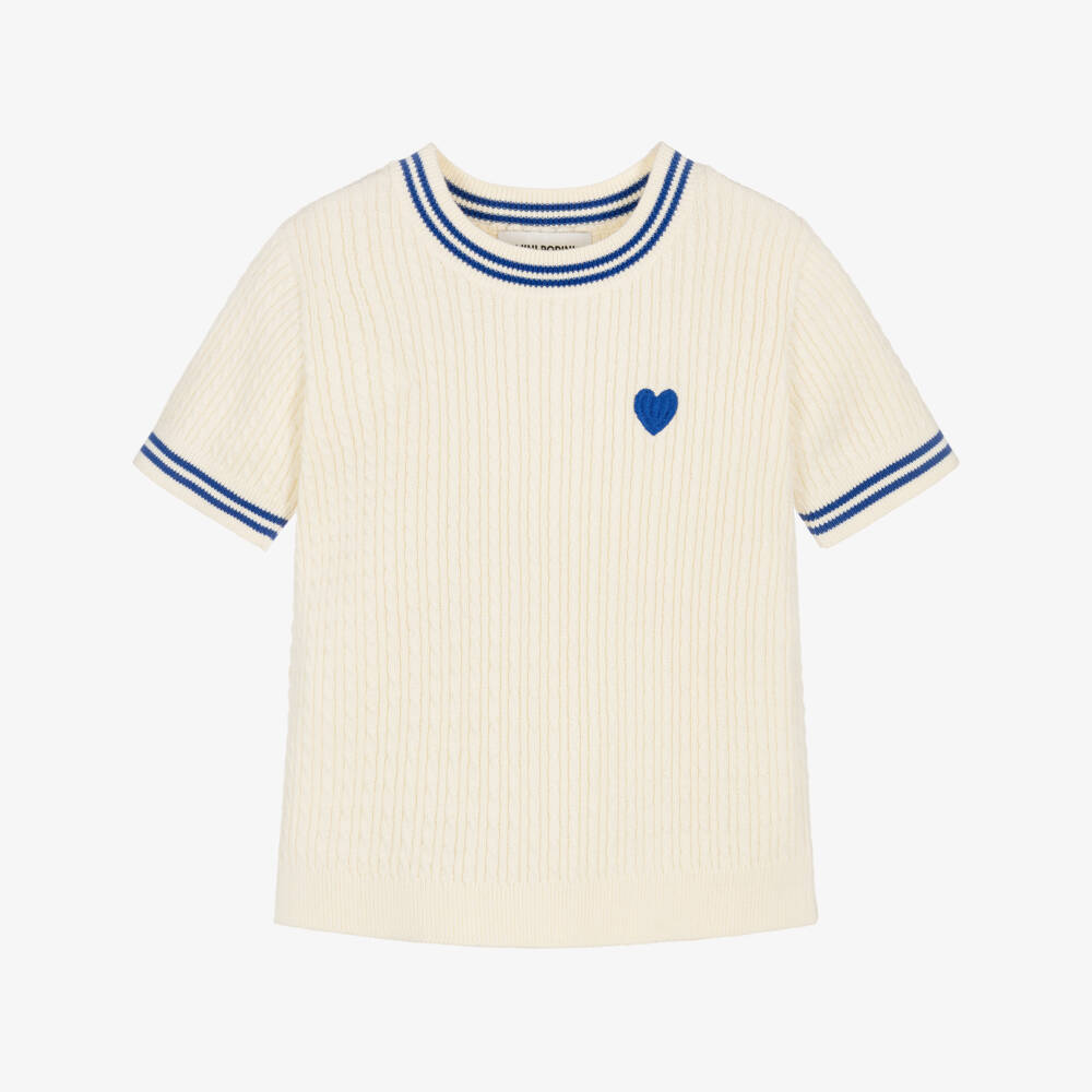 Mini Rodini-Girls Ivory Cable Knit Short Sleeve Top | Childrensalon
