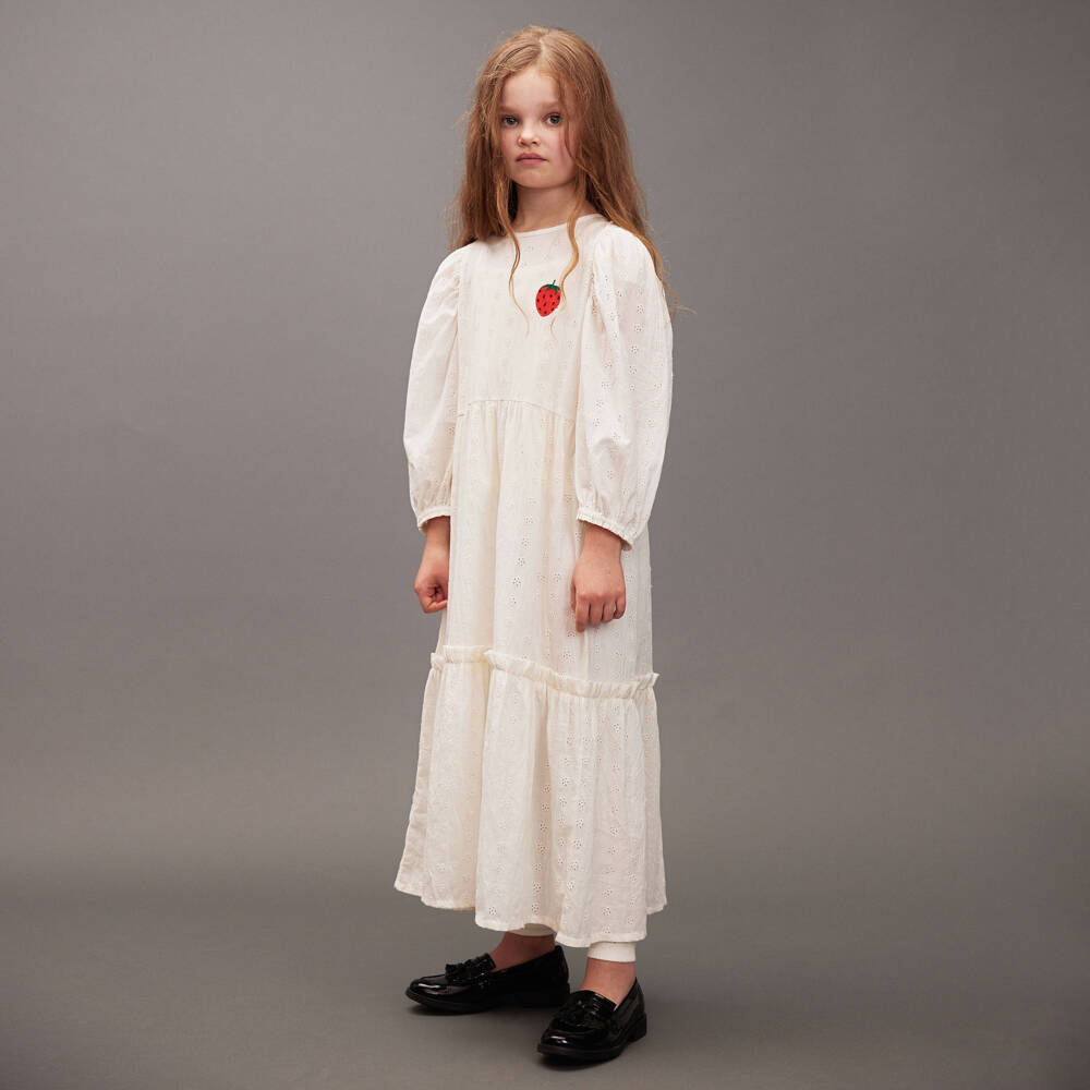 Mini Rodini-Girls Ivory Cotton Broderie Anglaise Maxi Dress | Childrensalon