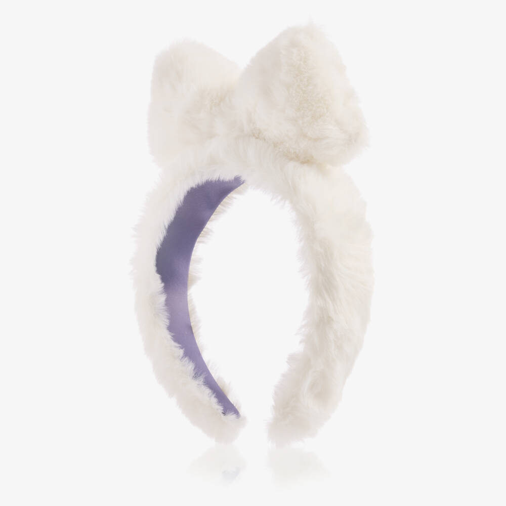 Mini Rodini-Girls Ivory Fluffy Faux Fur Bow Hairband | Childrensalon
