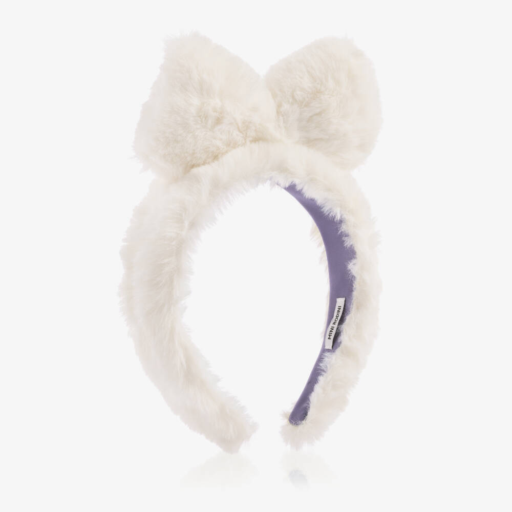Mini Rodini-Girls Ivory Fluffy Faux Fur Bow Hairband | Childrensalon