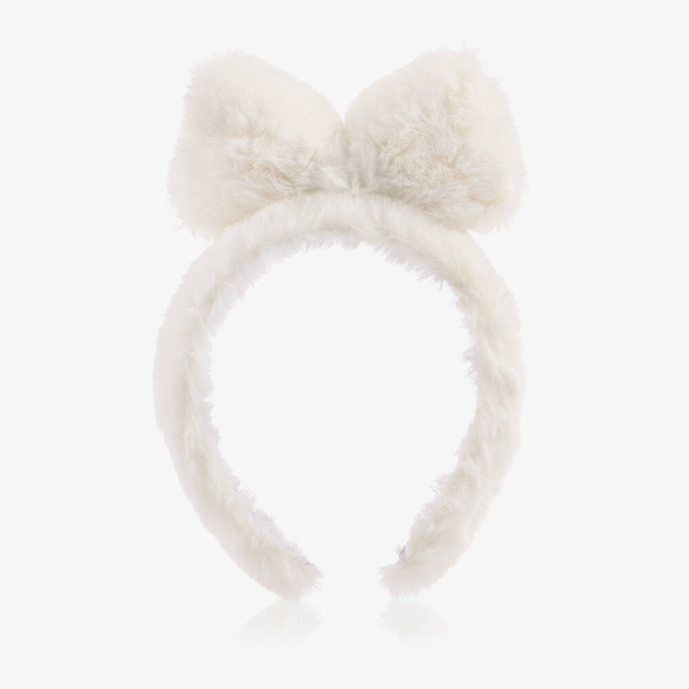 Mini Rodini-Girls Ivory Fluffy Faux Fur Bow Hairband | Childrensalon