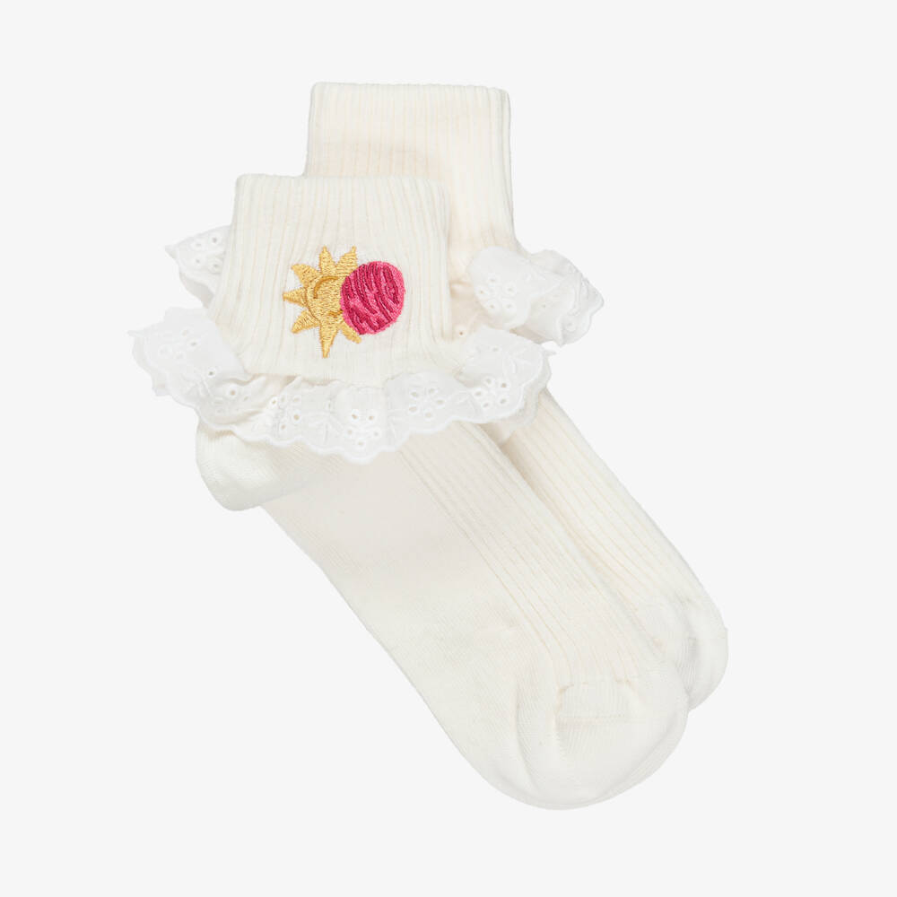 Mini Rodini-Girls Ivory Galaxy-Themed Frilly Socks | Childrensalon
