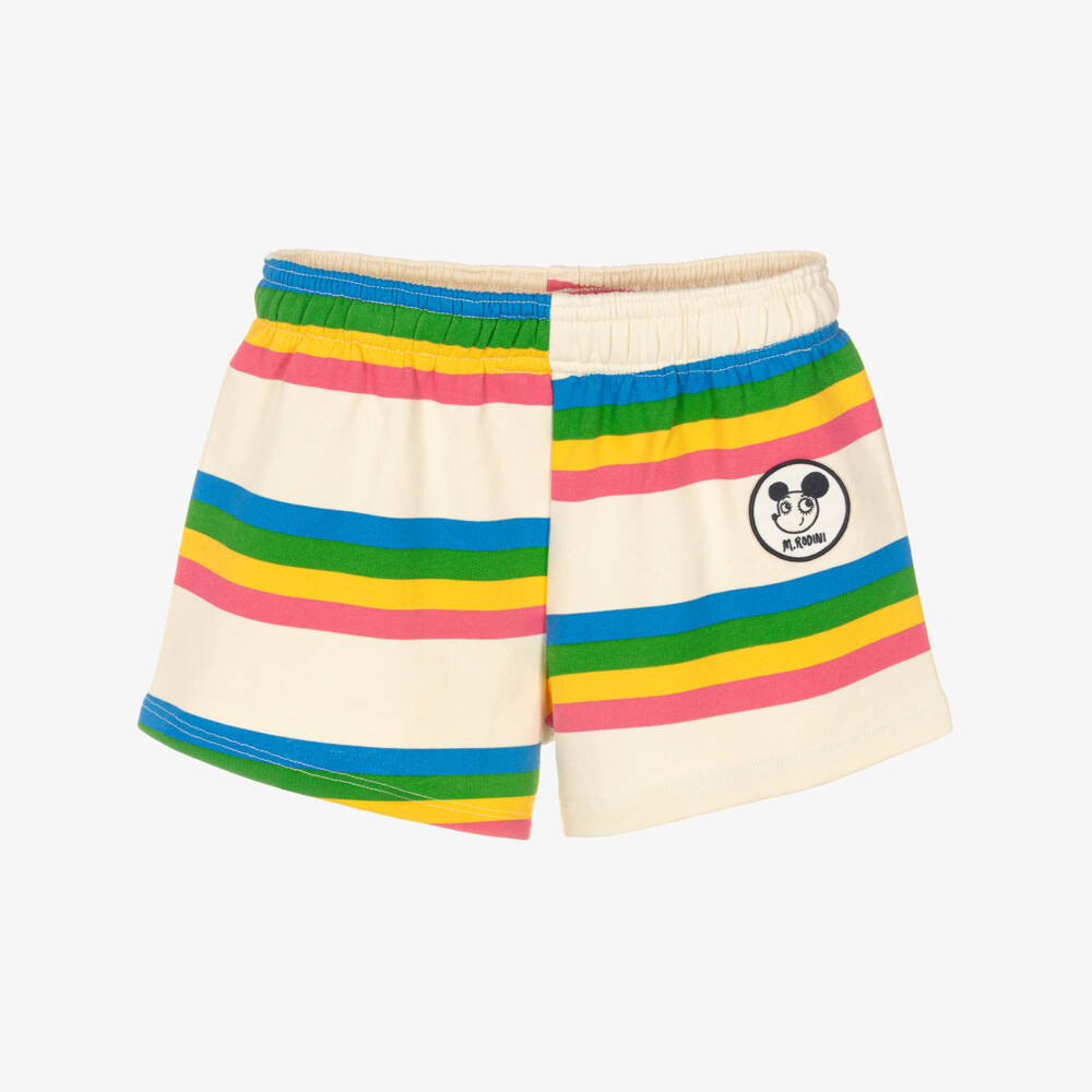 Mini Rodini-Girls Ivory & Multi Stripe Organic Cotton Shorts | Childrensalon