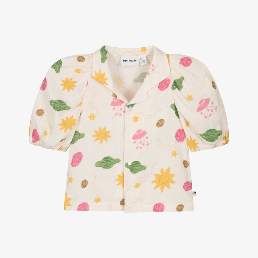 Mini Rodini-Girls Ivory Organic Cotton Muslin Space Print Blouse | Childrensalon