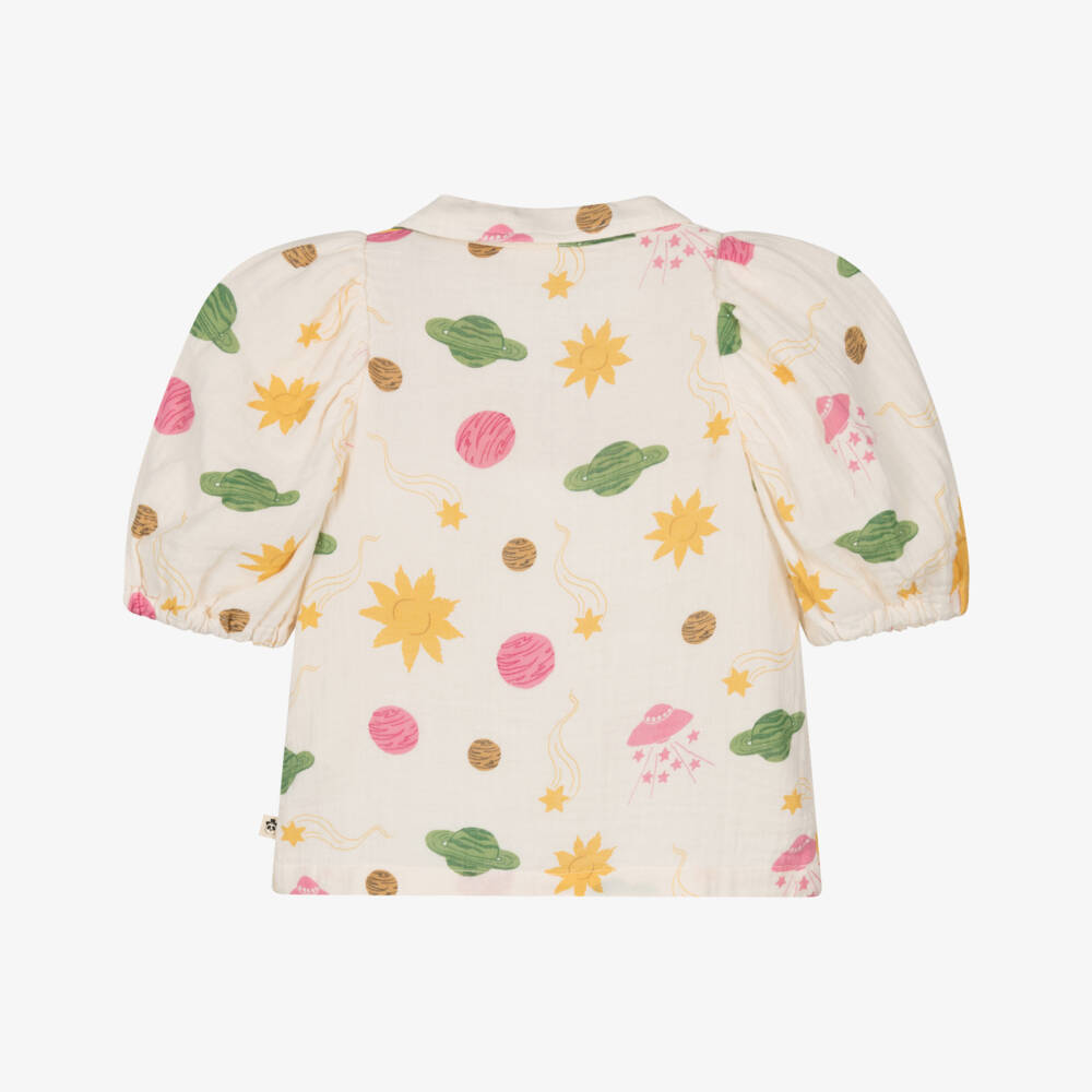 Mini Rodini-Girls Ivory Organic Cotton Muslin Space Print Blouse | Childrensalon