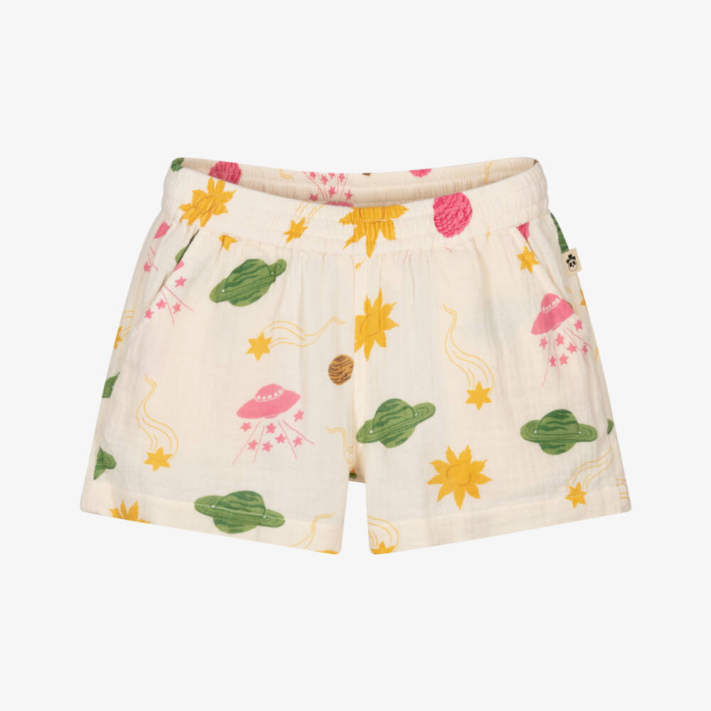 Mini Rodini-Girls Ivory Organic Cotton Muslin Space Print Shorts | Childrensalon
