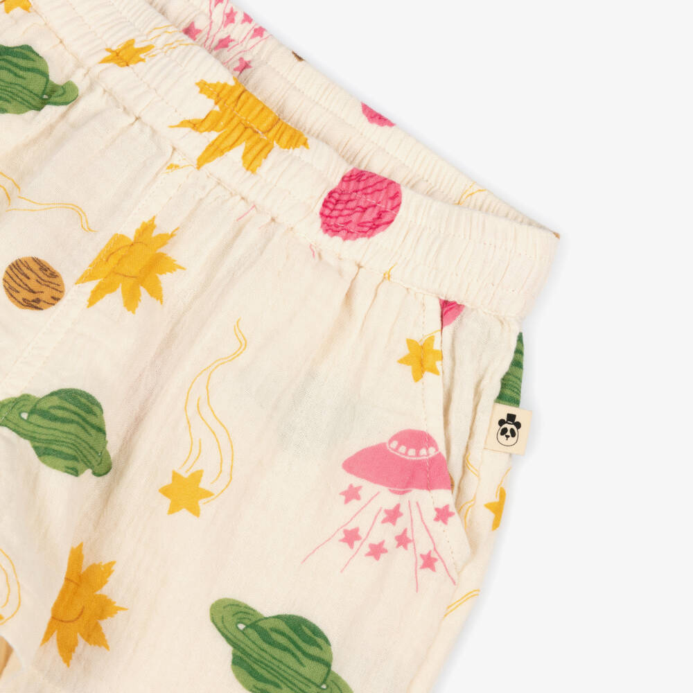 Mini Rodini-Girls Ivory Organic Cotton Muslin Space Print Shorts | Childrensalon