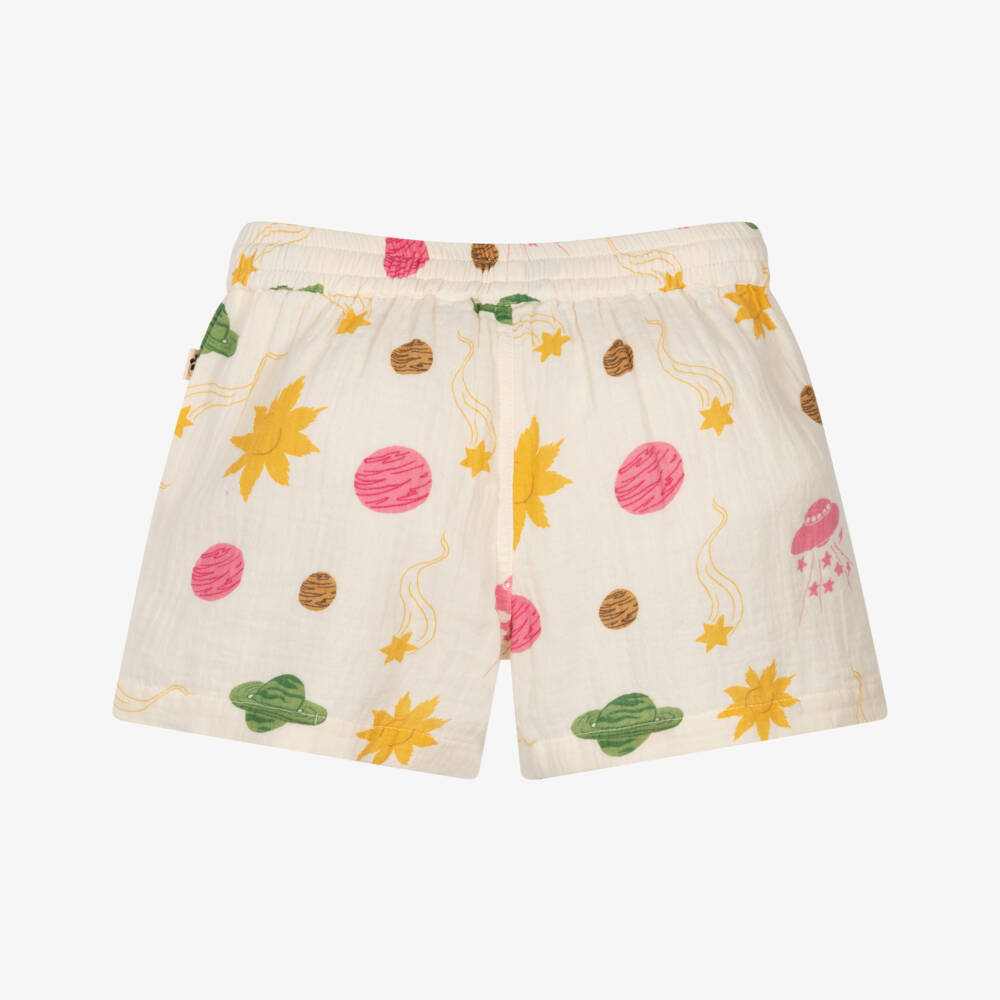Mini Rodini-Girls Ivory Organic Cotton Muslin Space Print Shorts | Childrensalon