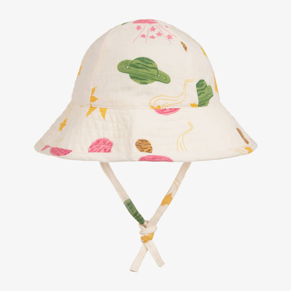 Mini Rodini-Girls Ivory Organic Cotton Muslin Space Print Sun Hat | Childrensalon