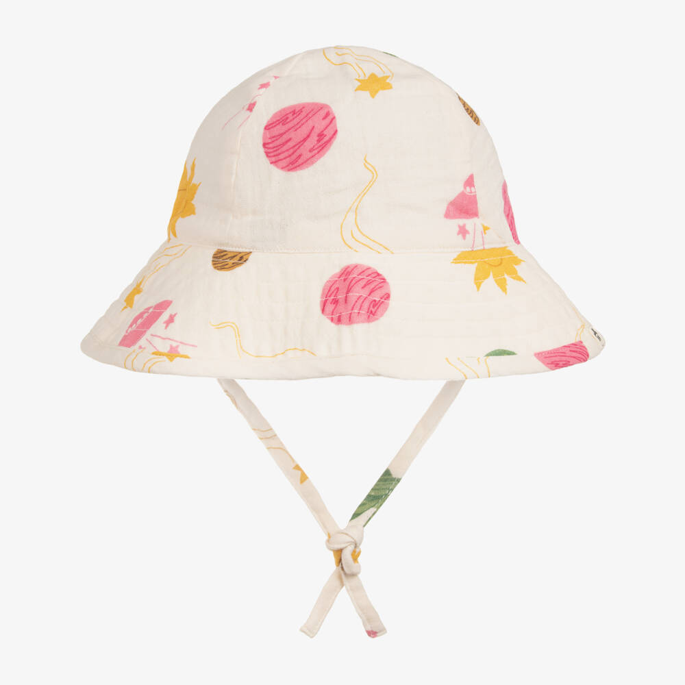 Mini Rodini-Girls Ivory Organic Cotton Muslin Space Print Sun Hat | Childrensalon