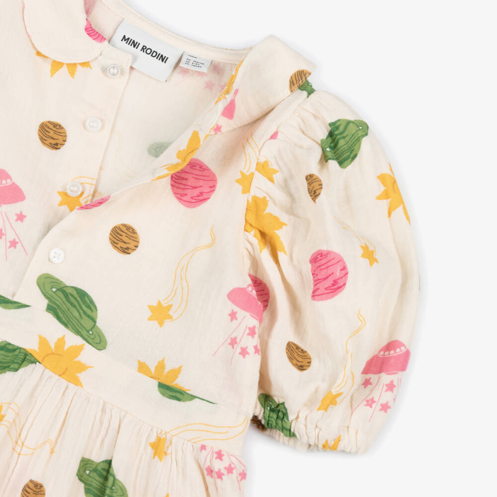 Mini Rodini-Girls Ivory Organic Cotton Space Print Dress | Childrensalon