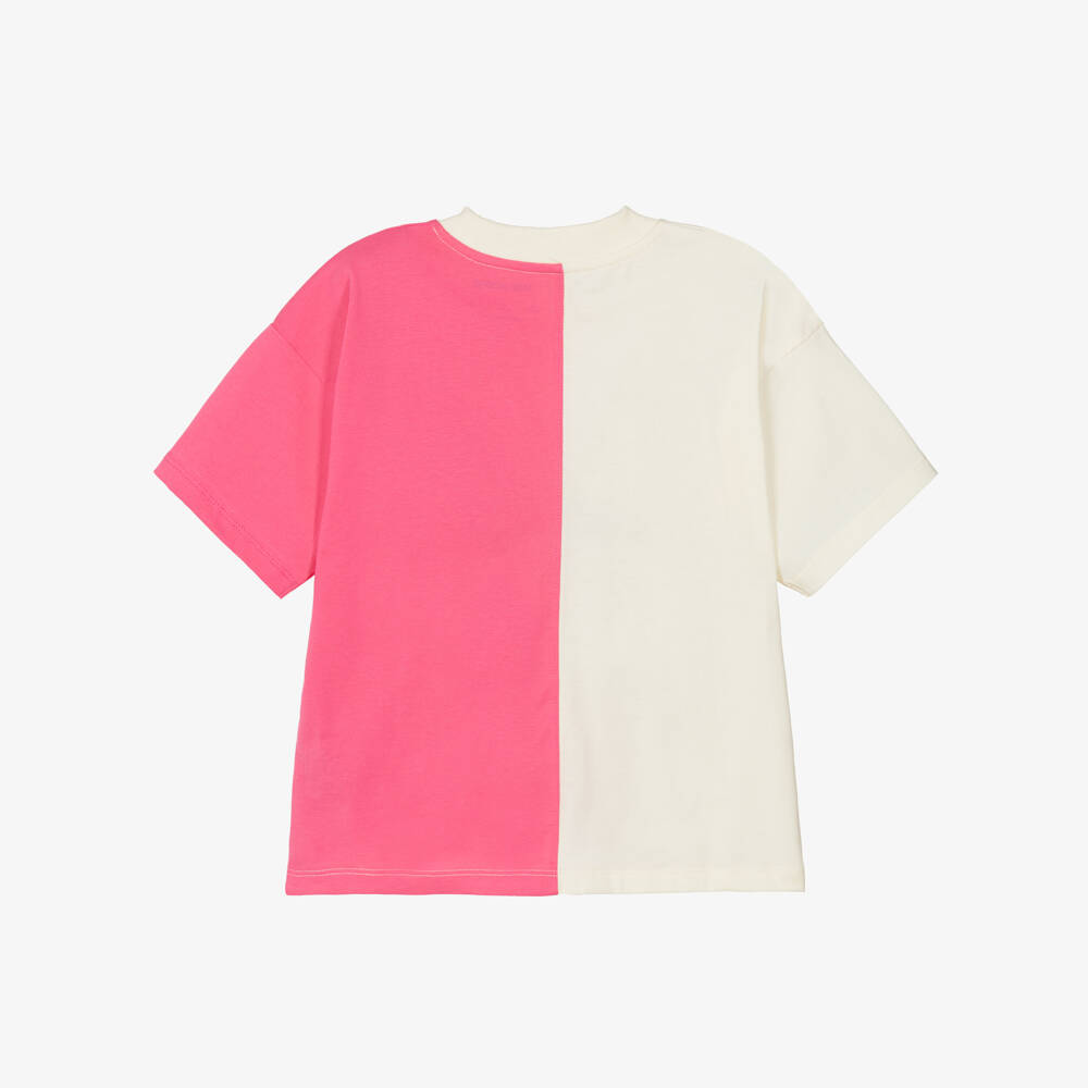 Mini Rodini-Girls Ivory & Pink Split Colour Organic Cotton T-Shirt | Childrensalon