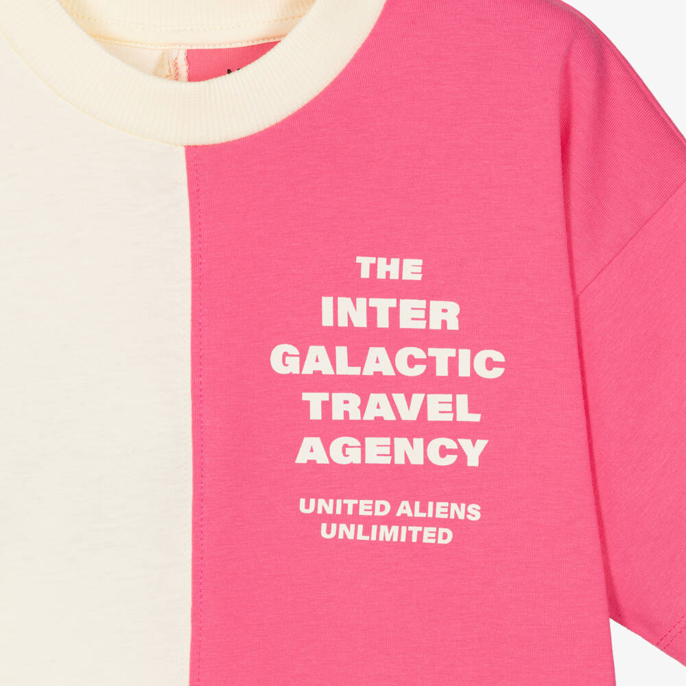 Mini Rodini-Girls Ivory & Pink Split Colour Organic Cotton T-Shirt | Childrensalon