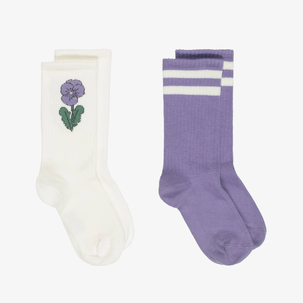 Mini Rodini-Girls Ivory & Purple Flower Socks (2 Pack) | Childrensalon