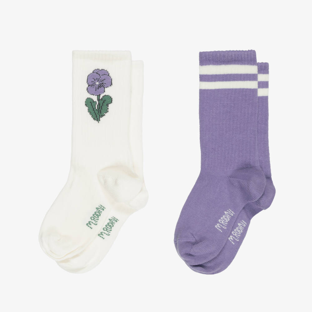 Mini Rodini-Girls Ivory & Purple Flower Socks (2 Pack) | Childrensalon