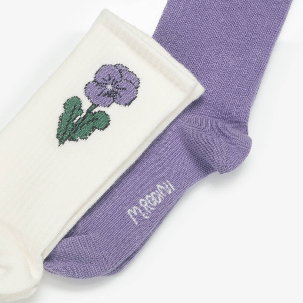 Mini Rodini-Girls Ivory & Purple Flower Socks (2 Pack) | Childrensalon